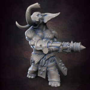 "Loxodon Barbarian 3D print for D&D. Image of the miniature holding a large axe, ready for painting and tabletop battles