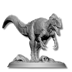 Detailed unpainted resin 3D printed Allosaurus miniature model, viewed from the side, suitable for Dungeons & Dragons.