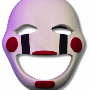 Wearable 3D printed and painted FNAF Puppet mask showcasing its distinctive smiling face, rosy cheeks, and tear track details.