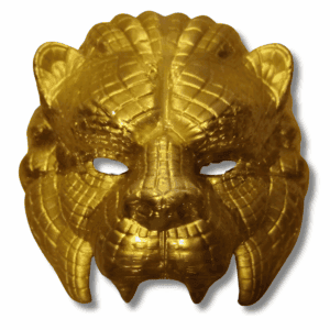 Close-up of a 3D printed and professionally airbrushed Squid Game Lion Mask with a dark, textured background.
