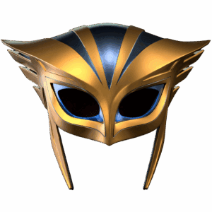 3D printed Hawkgirl mask in metallic gold and black with winged side details