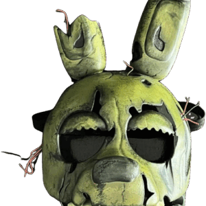 3D printed Damaged Springtrap mask in green, black, and yellow from Five Nights at Freddy’s, also available in raw white