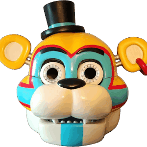 Glamrock Freddy Mask 3D Printed FNAF Security Breach cosplay prop with top hat and colorful design.